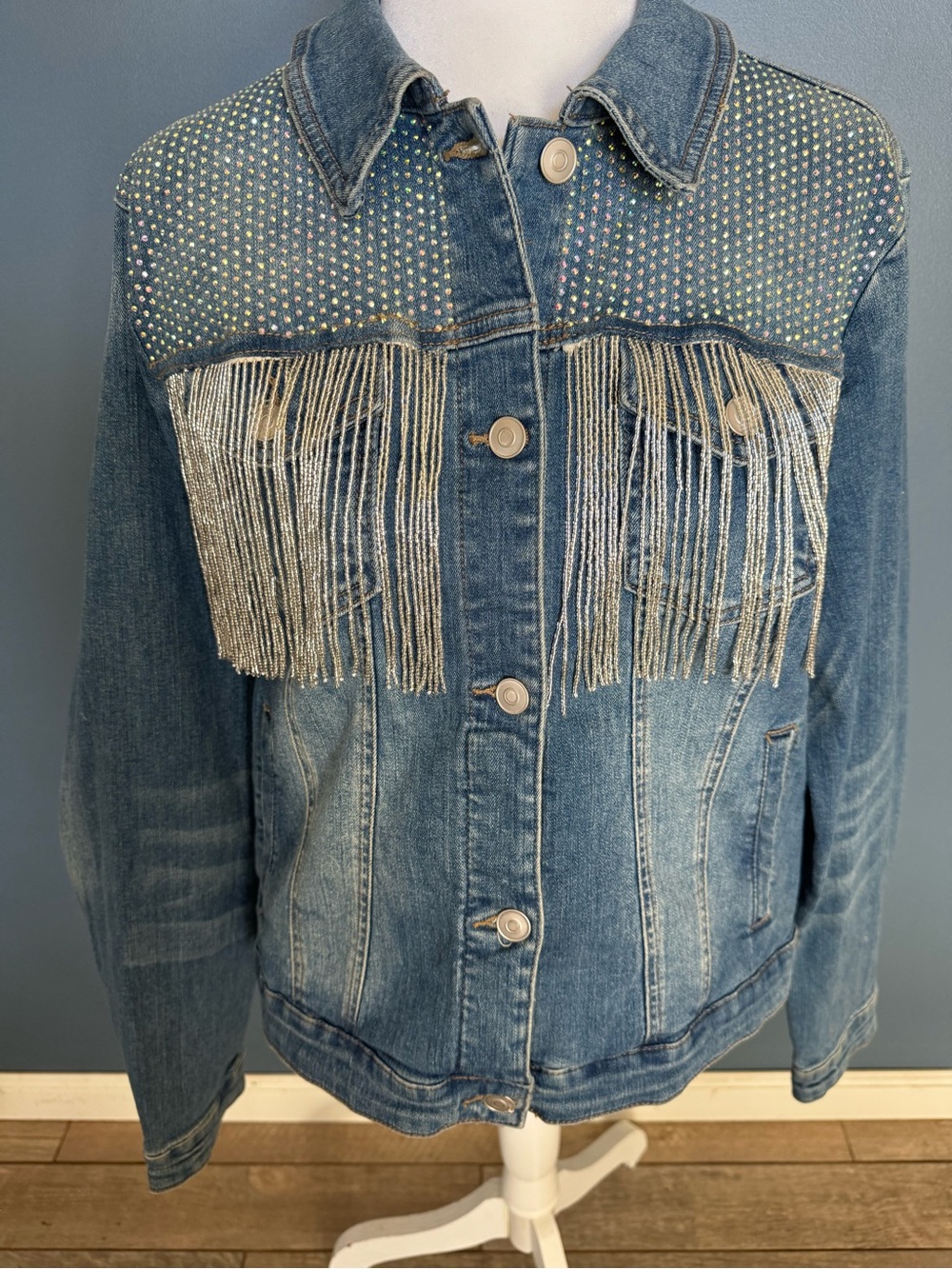 ✨ GORGEOUS Western Glam Rhinestone Fringe Denim Jacket ✨ L